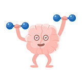 Humanized Brain Working Out In Gym With Dumbbells, Intellect Human Organ Cartoon Character Emoji Icon