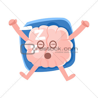 Humanized Brain Sleeping On The Back On The Pillow, Intellect Human Organ Cartoon Character Emoji Icon