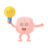 Humanized Brain Holding An Electric Bulb Excited Having An Idea, Intellect Human Organ Cartoon Character Emoji Icon