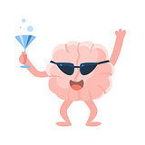 Humanized Brain At The Party Having A Drink And Partying Hard, Intellect Human Organ Cartoon Character Emoji Icon