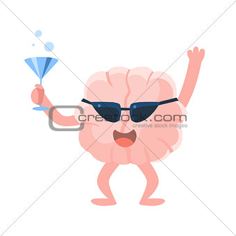 Humanized Brain At The Party Having A Drink And Partying Hard, Intellect Human Organ Cartoon Character Emoji Icon