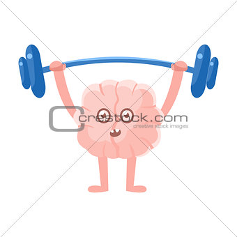 Humanized Brain Doing Heavy Weight Lifting Exercise In Gym , Intellect Human Organ Cartoon Character Emoji Icon