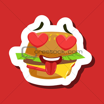 Burger Sandwich In Love With Hearts In Eyes, Cute Emoji Sticker On Red Background