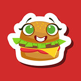 Smiling Burger Sandwich, Cute Emoji Sticker On Red Background