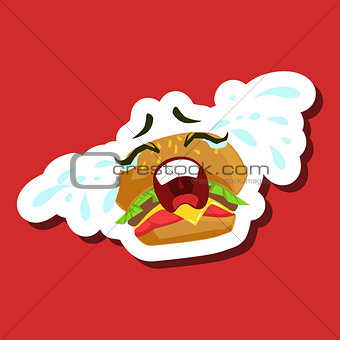 Burger Sandwich Crying Out Loud, Cute Emoji Sticker On Red Background
