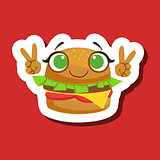 Burger Sandwich Smiling Showing Peace Gesture, Cute Emoji Sticker On Red Background
