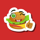 Burger Sandwich Showing Thumbs Up, Cute Emoji Sticker On Red Background