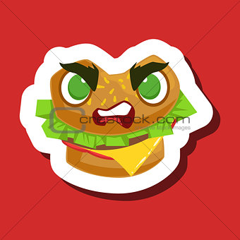 Angry Burger Sandwich, Cute Emoji Sticker On Red Background