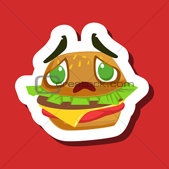 Disappointed And Sad Burger Sandwich, Cute Emoji Sticker On Red Background