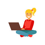 Girl Sitting With Lap Top On The Floor With Legs Crossed, Person Being Online All The Time Obsessed With Gadget