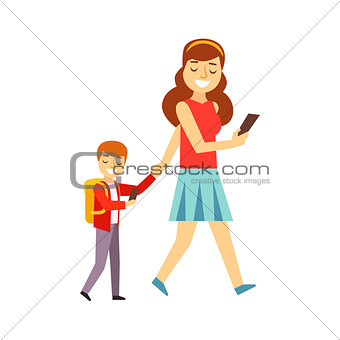 Mother Walking Son To School Both Looking At Smartphone Screen, Person Being Online All The Time Obsessed With Gadget