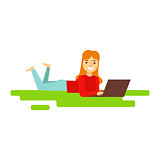 Girl Laying On The Grass WIth Lap Top, Person Being Online All The Time Obsessed With Gadget