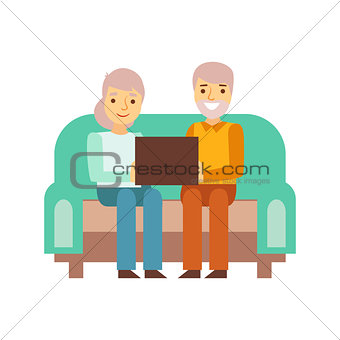 Old Couple Sitting On The Sofa With Lap Top, Person Being Online All The Time Obsessed With Gadget