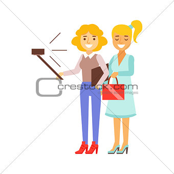 Girlfriends Standing Taking Selfie With Selfie Stick And Smartphone, Person Being Online All The Time Obsessed With Gadget