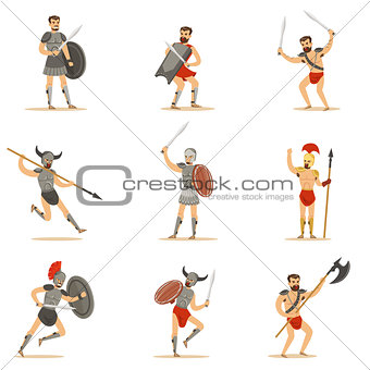 Gladiators Of Roman Empire Era In Historical Armor With Swords And Other Weapons Fighting On Arena Set Of Cartoon Characters