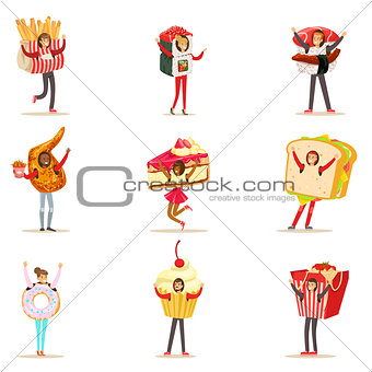 People Wearing Fast Food Snacks Costumes Disguised As Cafe Menu Items Collection Of Cartoon Characters