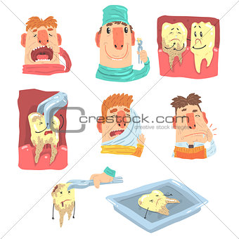 Funny Cartoon Dentist And Patient Illustration Series With Dental Care Procedures And Humanized Teeth Characters