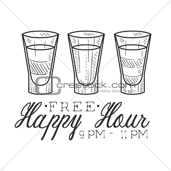 Bar Happy Hour Promotion Sign Design Template Hand Drawn Hipster Sketch With Three Shots