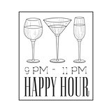 Bar Happy Hour Promotion Sign Design Template Hand Drawn Hipster Sketch With Glasses In Square Frame