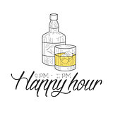 Bar Happy Hour Promotion Sign Design Template Hand Drawn Hipster Sketch With Bottle And Glass Of Whiskey