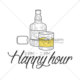 Bar Happy Hour Promotion Sign Design Template Hand Drawn Hipster Sketch With Bottle And Glass Of Whiskey