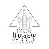Bar Happy Hour Promotion Sign Design Template Hand Drawn Hipster Sketch With Bottle Of Wine And Two Glasses