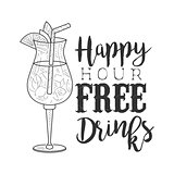 Bar Happy Hour Promotion Sign Design Template Hand Drawn Hipster Sketch With Decorated Cocktail Glass