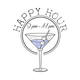 Bar Happy Hour Promotion Sign Design Template Hand Drawn Hipster Sketch With Martini Cocktail With Olives