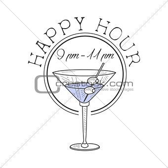 Bar Happy Hour Promotion Sign Design Template Hand Drawn Hipster Sketch With Martini Cocktail With Olives