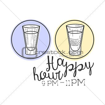 WBar Happy Hour Promotion Sign Design Template Hand Drawn Hipster Sketch With Two Shots In Round Frames