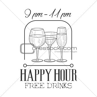 Bar Happy Hour Promotion Sign Design Template Hand Drawn Hipster Sketch With Wine And Cocktail Glasses