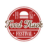 Food Truck Cafe Food Festival Promo Sign, Colorful Vector Design Template In Red Color In Round Frame