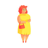 Happy Plus Size Woman In Yellow Suummer Dress With Purse Enjoying Life, Smiling Overweighed Girl Cartoon Characters