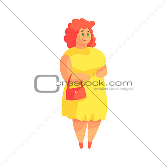 Happy Plus Size Woman In Yellow Suummer Dress With Purse Enjoying Life, Smiling Overweighed Girl Cartoon Characters