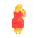 Happy Blond Plus Size Woman In Red Summer Dress Eating Burger, Enjoying Life, Smiling Overweighed Girl Cartoon Characters