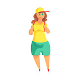 Happy Plus Size Woman In Shorts And Summer Top Hiking With Backpack, Enjoying Life, Smiling Overweighed Girl Cartoon Characters