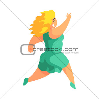 Happy Blond Plus Size Woman In Short Green Summer Dress Running Enjoying Life, Smiling Overweighed Girl Cartoon Characters