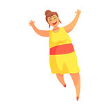 Happy Plus Size Woman In Yellow Summer Dress Running, Enjoying Life, Smiling Overweighed Girl Cartoon Characters