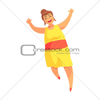 Happy Plus Size Woman In Yellow Summer Dress Running, Enjoying Life, Smiling Overweighed Girl Cartoon Characters