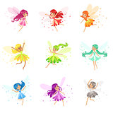 Colorful Rainbow Set Of Cute Girly Fairies With Winds And Long Hair Dancing Surrounded By Sparks And Stars In Pretty Dresses