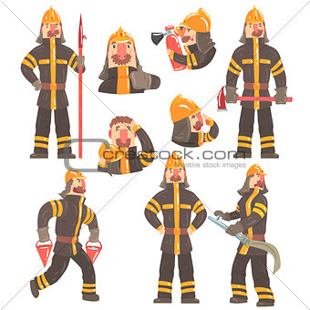Funny Fireman At Work Using Firefighting Gear And Wearing Firefighter Uniform With Helmet And Bunker Coat