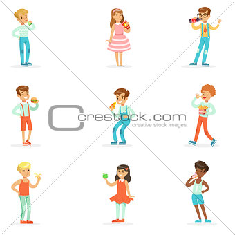 Kids Eating Snack Food And Drinking Soft Drinks Set Of Cartoon Characters Enjoying Their Meal Standing