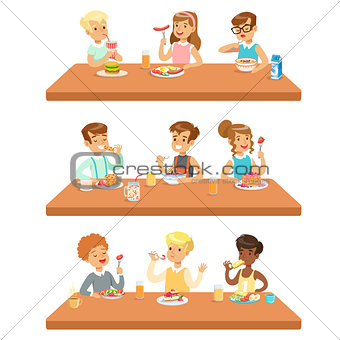 Kids Eating Brekfast And Lunch Food And Drinking Soft Drinks Set Of Cartoon Characters Enjoying Their Meal Sitting At The Table
