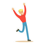 Blond Guy In Red Sweater Overwhelmed With Happiness And Joyfully Ecstatic, Happy Smiling Cartoon Character