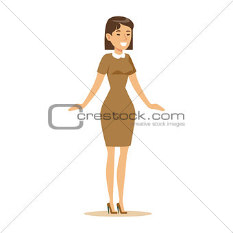 Woman In Brown Dress Overwhelmed With Happiness And Joyfully Ecstatic, Happy Smiling Cartoon Character