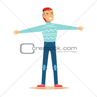 Man In Blue Sweater Overwhelmed With Happiness And Joyfully Ecstatic, Happy Smiling Cartoon Character