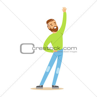 Beardy Man In Green Sweater Overwhelmed With Happiness And Joyfully Ecstatic, Happy Smiling Cartoon Character
