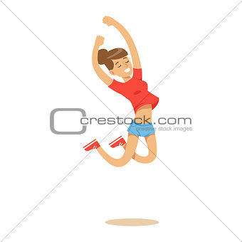 Girl In Shorts And T-shirt Overwhelmed With Happiness And Joyfully Ecstatic, Happy Smiling Cartoon Character