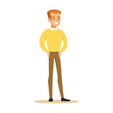 Redhead Guy In Yellow Sweater Overwhelmed With Happiness And Joyfully Ecstatic, Happy Smiling Cartoon Character