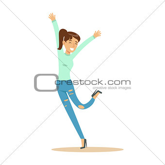 Girl With Ponytail Overwhelmed With Happiness And Joyfully Ecstatic, Happy Smiling Cartoon Character